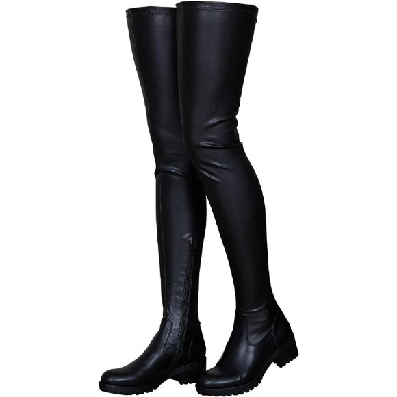 Shoes - Women's Black Polyurethane Thigh High Over The Knee Rounded Toe Fashion Boots